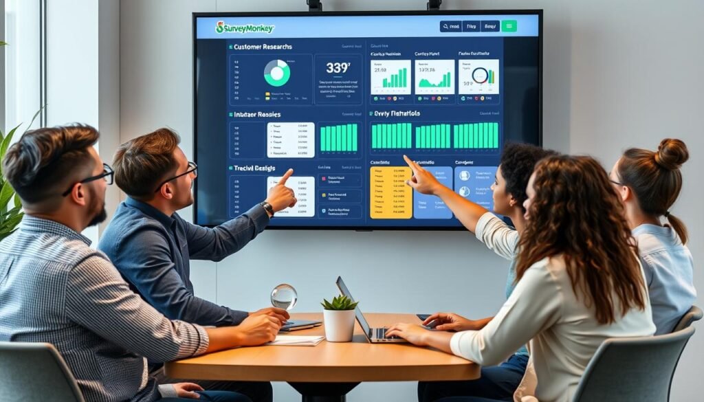FinTech product team reviewing customer research results from SurveyMonkey FinTech product team reviewing customer research results from SurveyMonkey