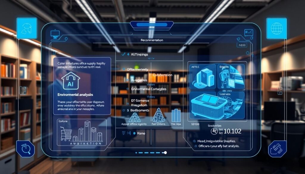 Future augmented reality office supplies shopping experience showing advanced features