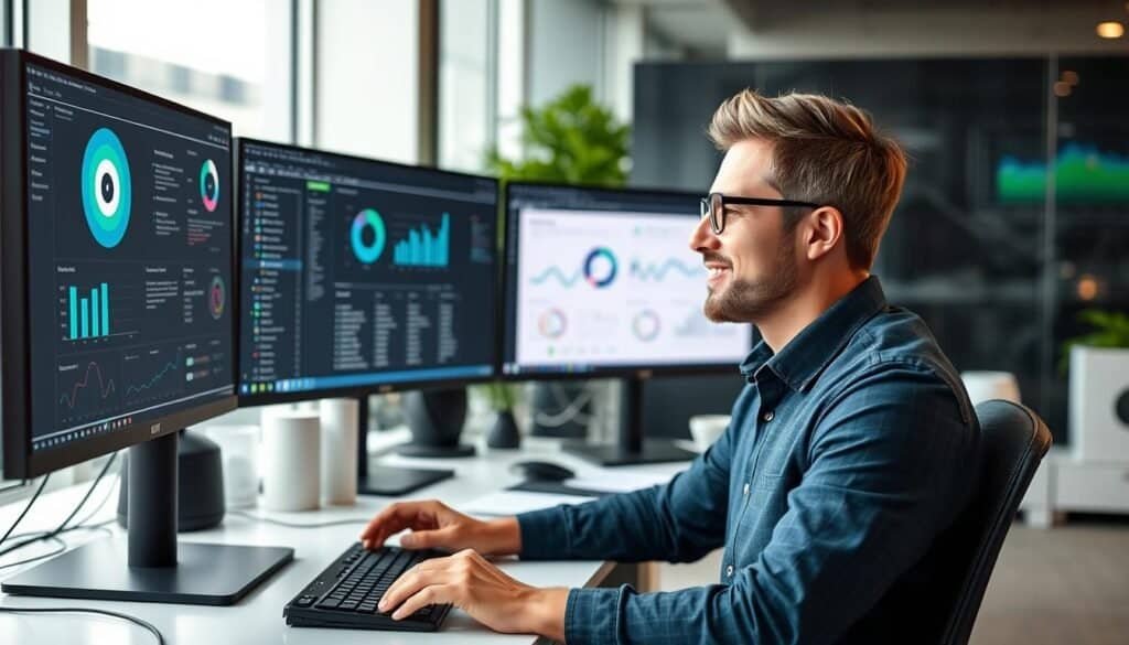 Marketer using AI marketing automation tools on multiple screens