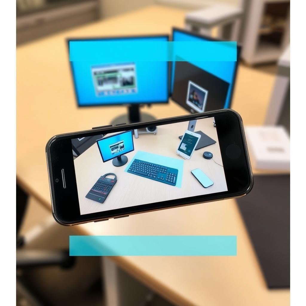 Office technology and accessories being visualized with augmented reality in a workspace