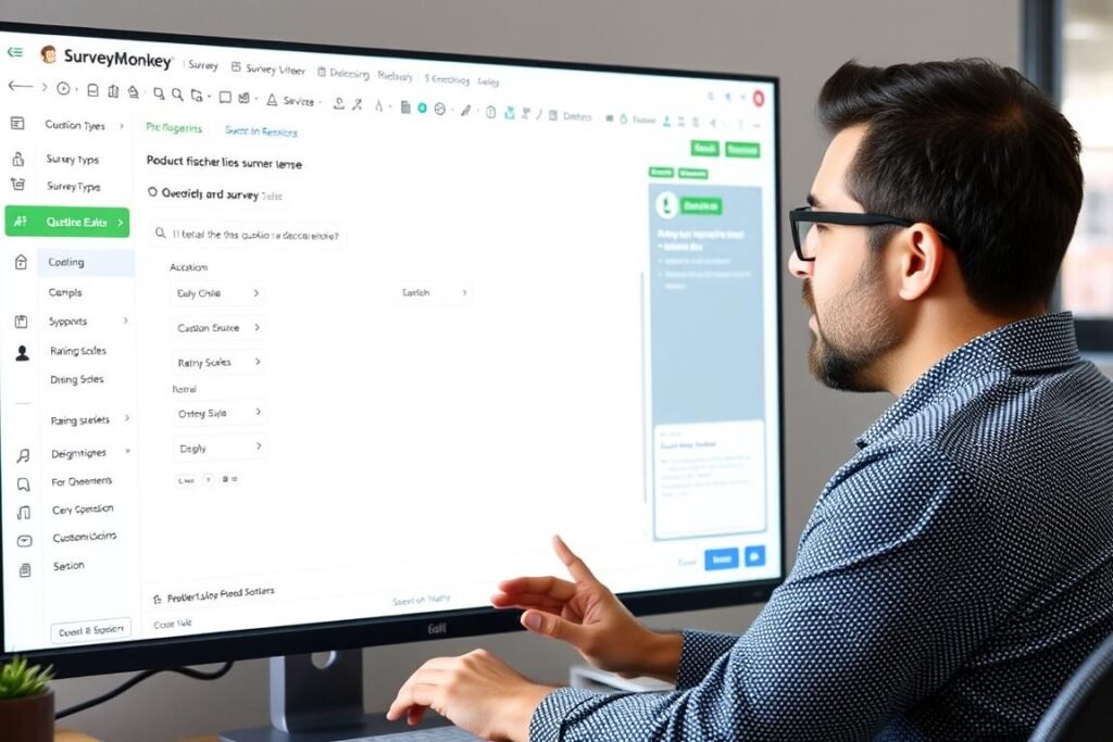 Product manager designing a customer research survey in SurveyMonkey with various question types Product manager designing a customer research survey in SurveyMonkey with various question types