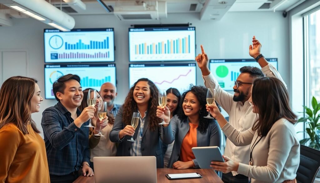 Product team celebrating a successful product launch based on systematic customer research Product team celebrating a successful product launch based on systematic customer research