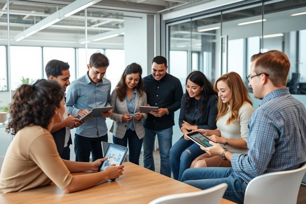 Product team conducting a customer research session with users providing feedback on a prototype Product team conducting a customer research session with users providing feedback on a prototype