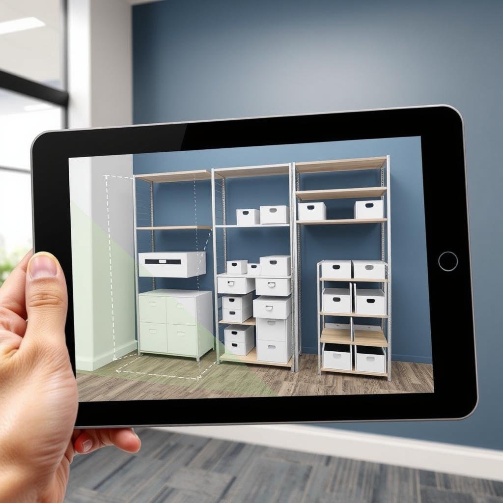 Storage and organization systems being placed in an office using augmented reality