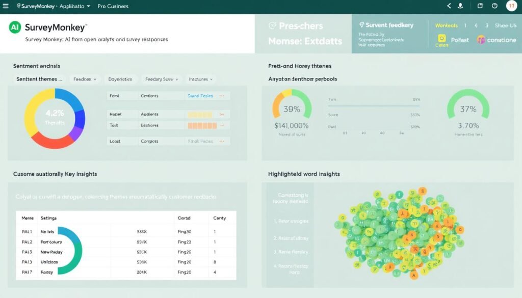 SurveyMonkey's AI analysis dashboard showing sentiment analysis and theme extraction from open-ended responses SurveyMonkey's AI analysis dashboard showing sentiment analysis and theme extraction from open-ended responses