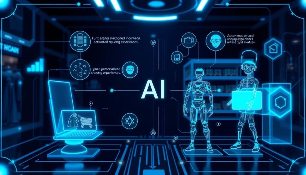 Visualization of future AI e-commerce trends including voice commerce, augmented reality shopping, and autonomous fulfillment