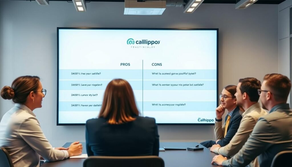 Business professionals discussing the advantages and limitations of CallHippo