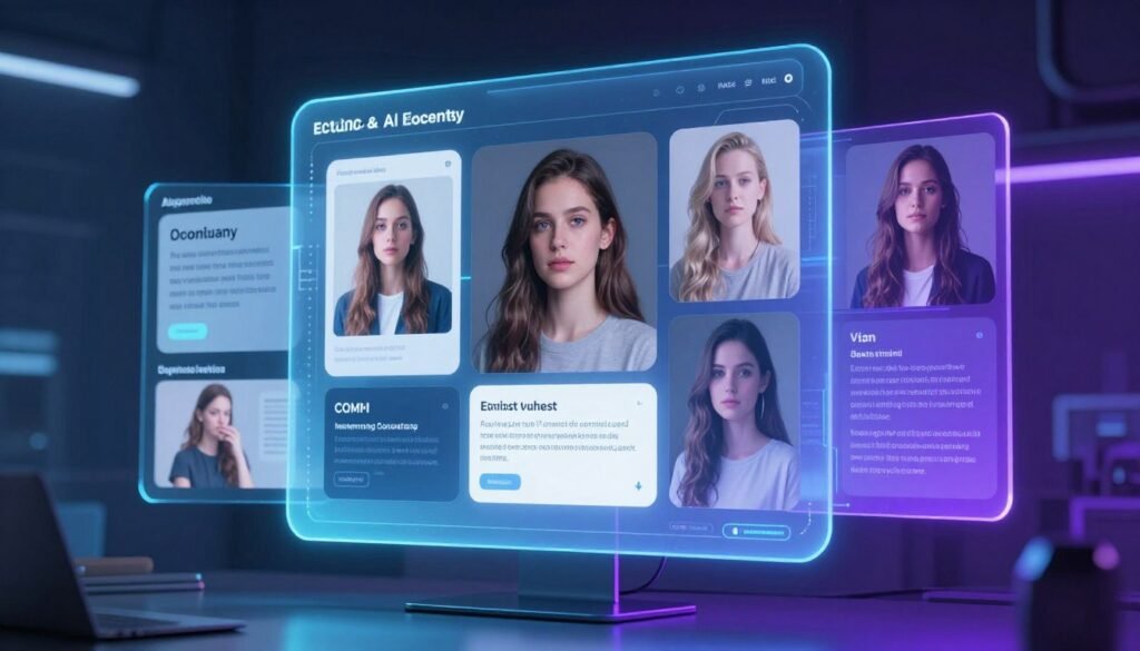 Futuristic AI writing interface showing advanced capabilities