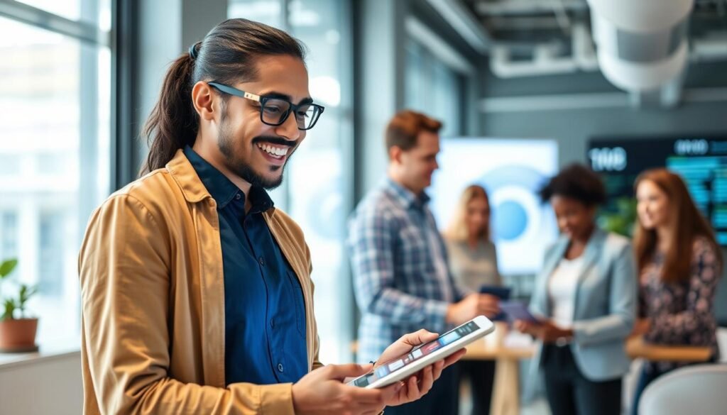 Happy new employee having a positive AI-enhanced onboarding experience