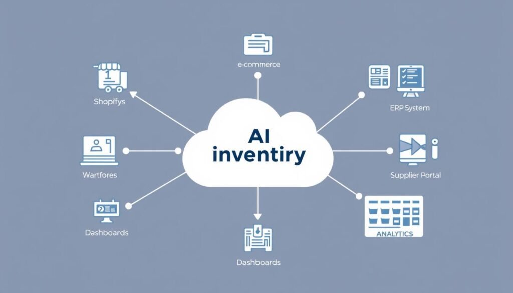 Integration diagram showing AI inventory system connected to e-commerce platforms, ERP, and other systems