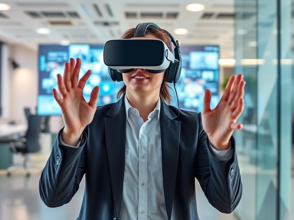 New employee using VR headset for immersive AI-powered onboarding experience