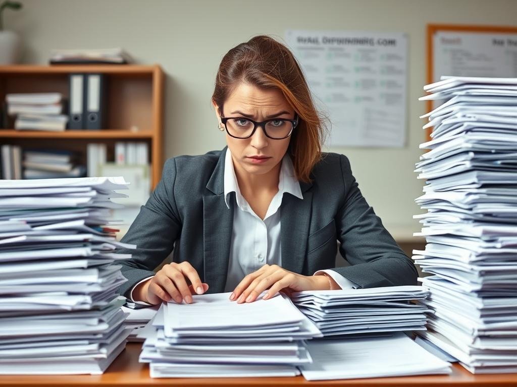 Overwhelmed HR professional surrounded by onboarding paperwork and documents