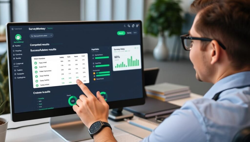 Person reviewing completed survey results on SurveyMonkey dashboard showing successful survey completion