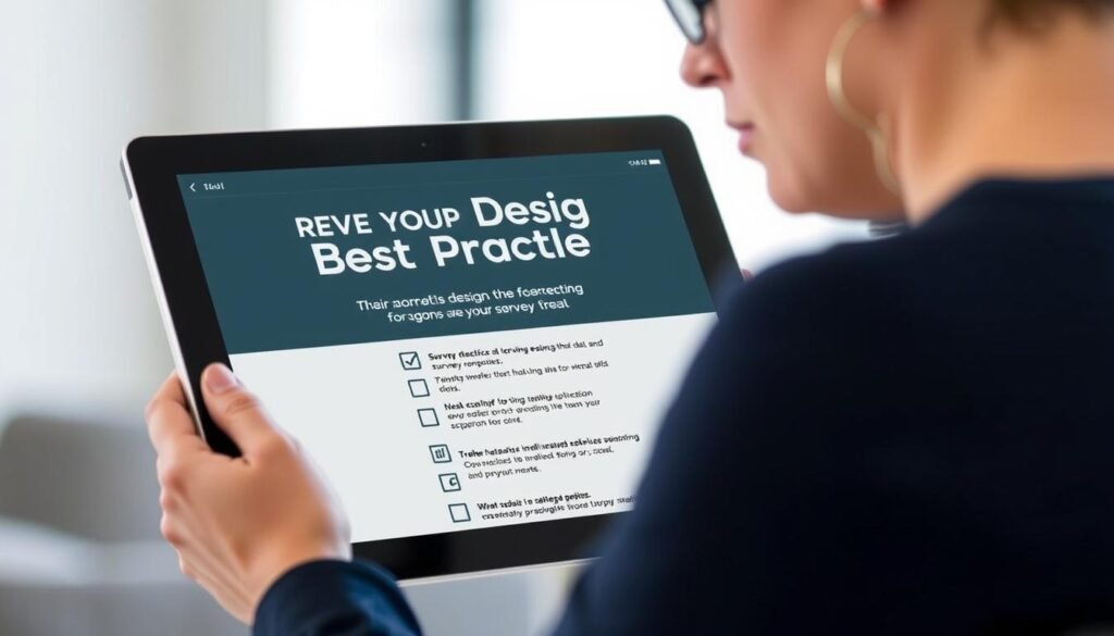 Person reviewing survey design best practices on a tablet