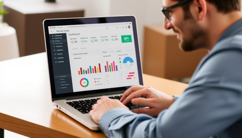 Person reviewing survey results on a laptop with SurveyMonkey dashboard