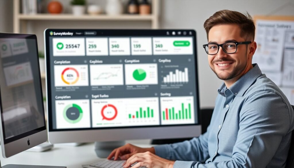 Professional analyzing survey results with SurveyMonkey dashboard showing completion statistics