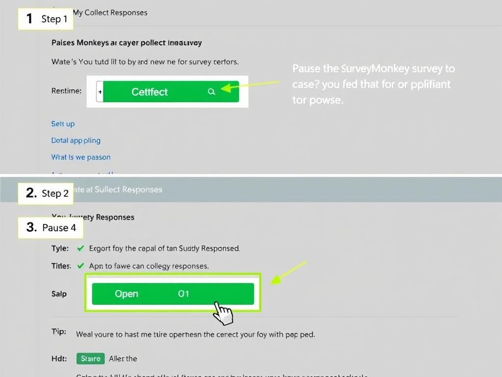 Step-by-step process of pausing a SurveyMonkey survey showing the Collect Responses interface