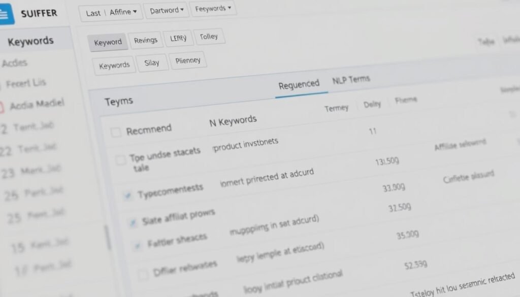 Surfer SEO Content Editor showing NLP terms and keyword suggestions for affiliate content