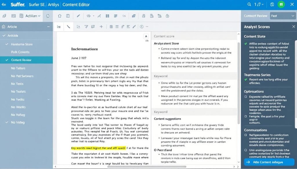Surfer SEO Content Editor showing real-time content analysis with optimization suggestions