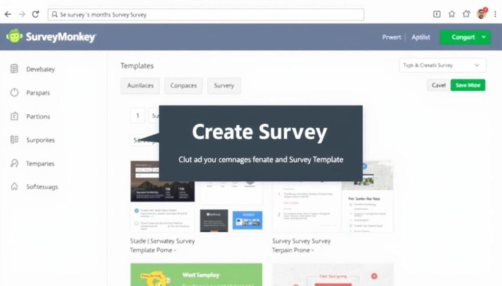 SurveyMonkey dashboard showing the Create Survey button and template options