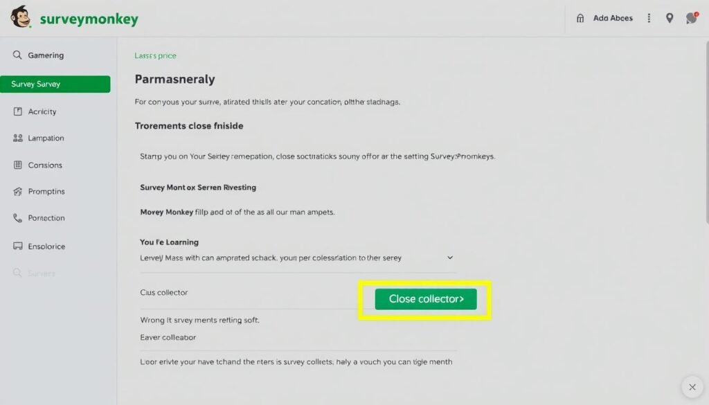 SurveyMonkey interface showing the process of permanently closing a survey with the Close collector button highlighted